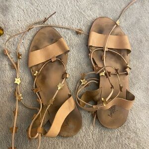 Loeffler Randall Starla Tan Star-Embellished Ankle-Tie Sandals